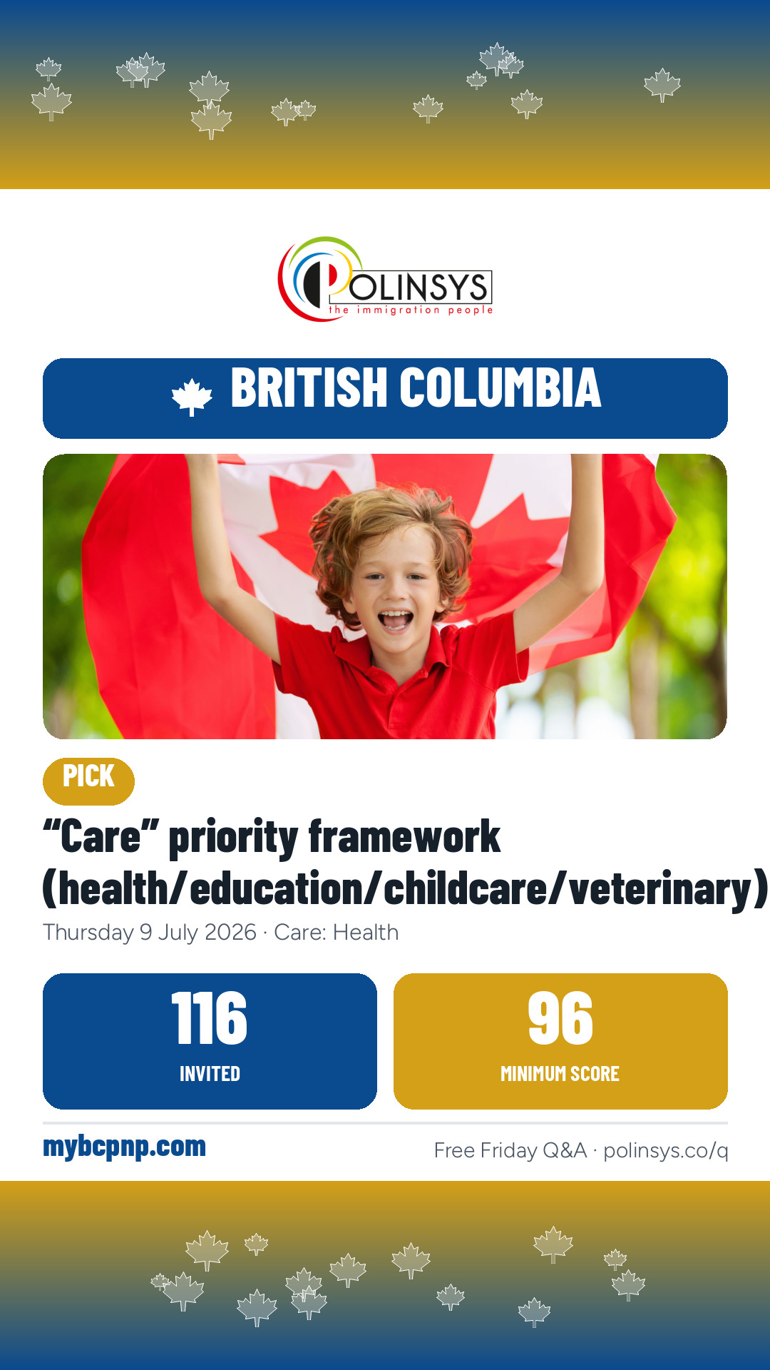 “Care” priority framework (health/education/childcare/veterinary) — 116 invitations, minimum score 96, 9 July 2026